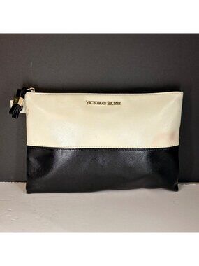 Victoria's Secret Makeup Bag Clutch Black & White Bow Tassel Zipper Faux Leather